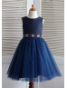 Navy Blue Satin Tulle Beaded Sash Knee Length Flower Girl Dress 